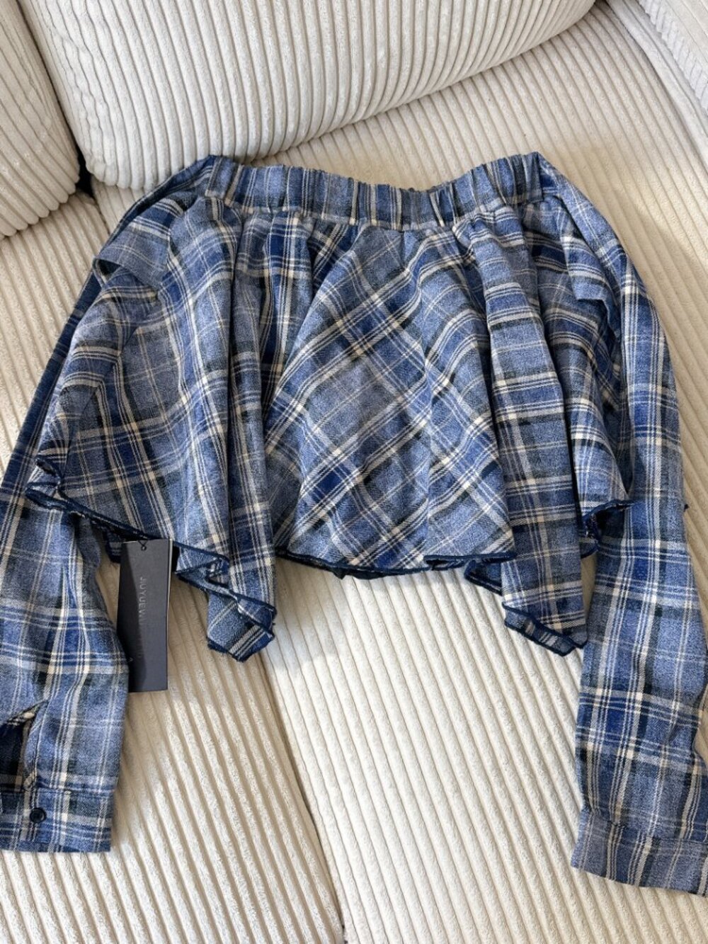 Blue Plaid Deconstructed Shirt Mini Skirt | Asymmetrical Y2K Grunge Skirt